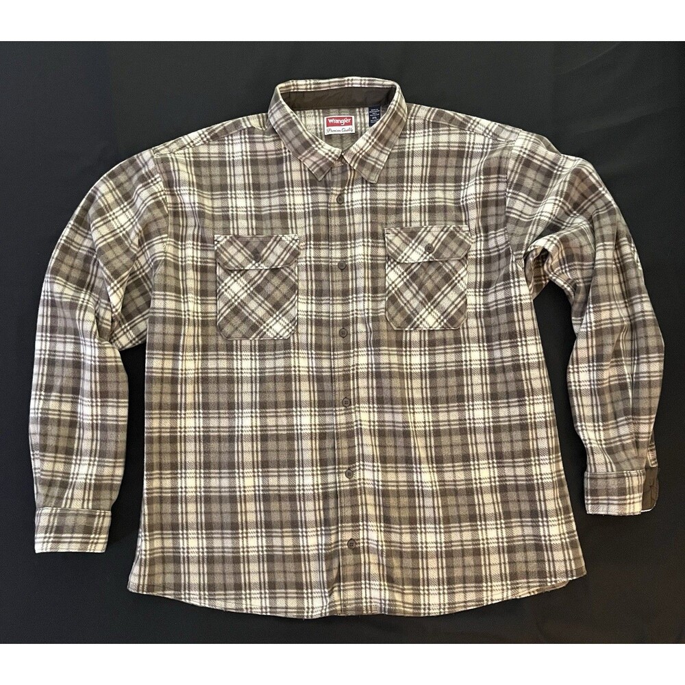 Wrangler Premium Quality Men's 3XL Fleece Shirt Brown Cream Plaid Long Sleeve